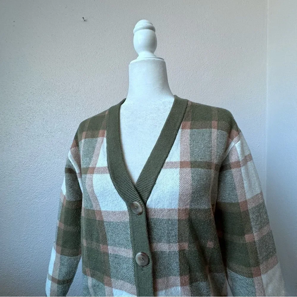 Rachel Zoe Plaid Sweater Brown Green White Cardigan Preppy Classic SZ XS